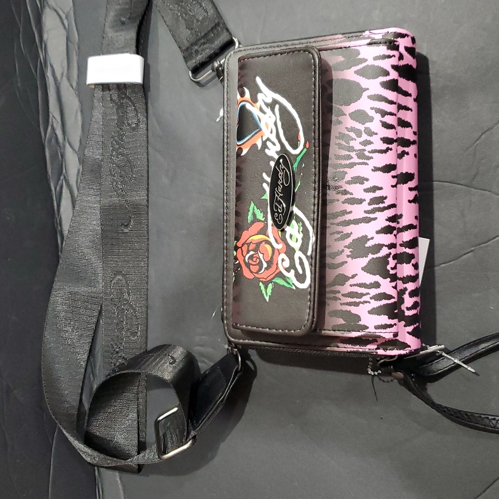 Ed Hardy black and pink animal print fade convertible wallet on a chain  bag new
